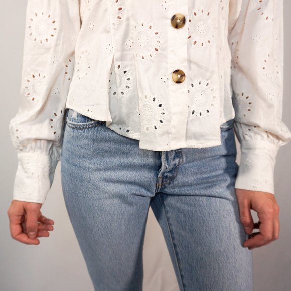 FREE PEOPLE Boho White Eyelet Button Shirt NWOT - Picture 6 of 7
